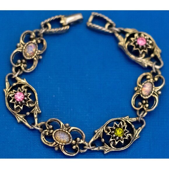 6 inch, Vintage Faux Gems Floral Gold Tone Bracelet by Sarah Coventry - D44 - Picture 2 of 3